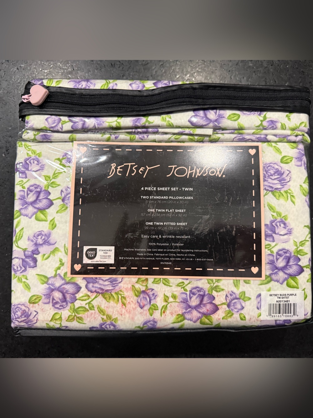 NEW BETSEY JOHNSON TWIN WILD LOVE PURPLE GREEN FLORAL WHITE 4 PIECE SHEET SET - Picture 4 of 5